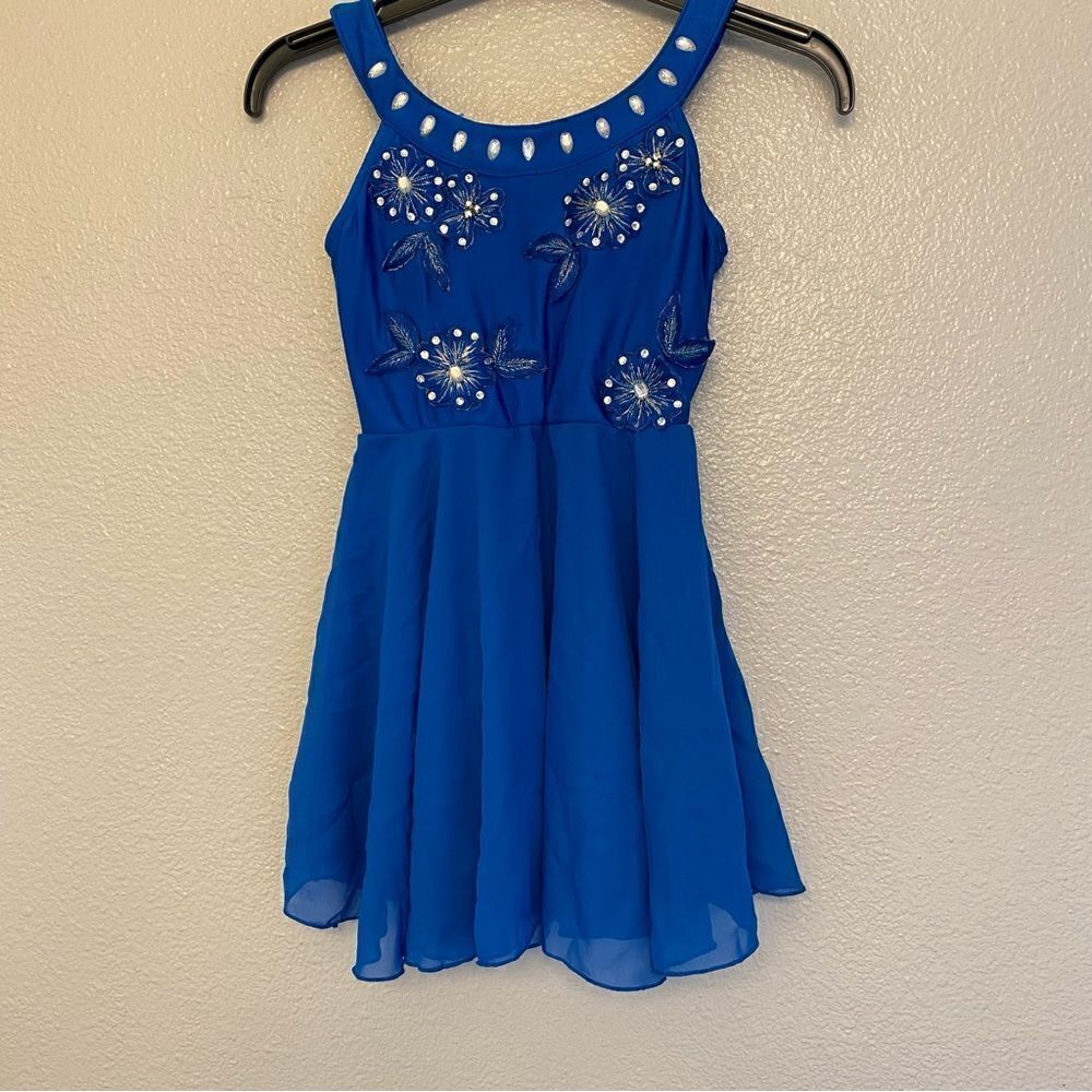 Glamour dance costume blue bedazzled rhinestones sequin dress-child S/MC